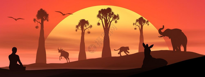 人类在自然和野生动物面前冥想通过日落沉思和野生物在日落3D转化黑色的数字瑜伽图片