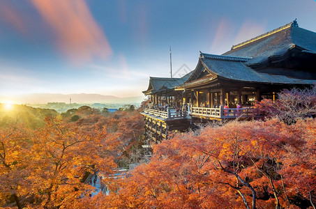 清水寺红色的日落时京都天际和清水津寺庙秋色落下图片