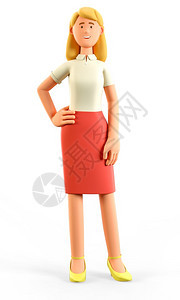 白色的短裙金发女郎3D插图站立的漂亮金发美女手握着腰部穿红裙子孤立在白背景上微笑着优雅迷人的女商卡通画像图片