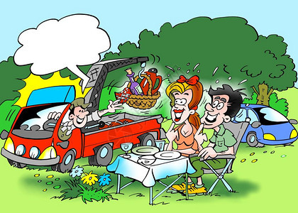 Cartoon插画家庭森林之旅午餐由一辆服务车提供家庭森林之旅杂交种运输蓝色的图片