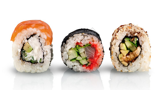 栖息连续一排的各种寿司卷在白色背景上单独隔开连续反射各种寿司卷生鱼片饮食图片