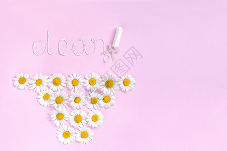 下午裤子在月经周期间女和青少年的卫生保健康平线从白上的女卫生棉条和粉色背景的香菊中复制空间文字CLEANSplatLay从白线上图片