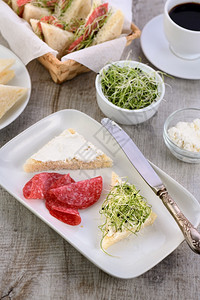 损失配奶油干酪和微绿色洋葱芽沙拉米健康新鲜食品的热吐司三明治生态大杂烩图片