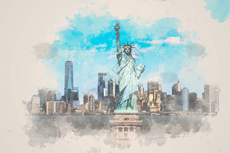 纽约市景河边的自由女神像位于曼哈顿下游建筑和中带有旅游插图和艺术概念的建筑等城市风景一面是数字水色向量户外地点图片