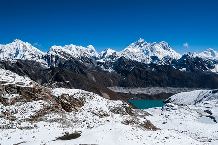 目标天空从RenjoPassEverestPumoriMakaluChangtseNirekha在喜马拉雅山欣赏著名的峰登运动图片