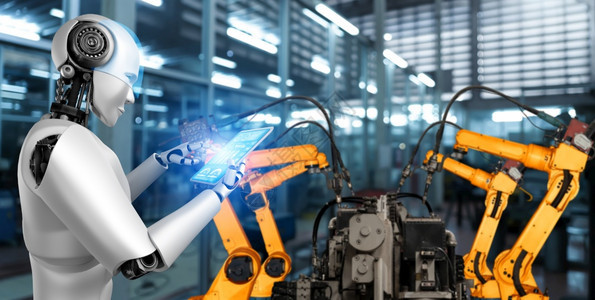 聪明的用于工厂生产装配的机械化工业器人和械臂工业革命和自动化制造过程的人工智能概念用于工厂生产装配的机械化工业器人和械臂事物工程图片
