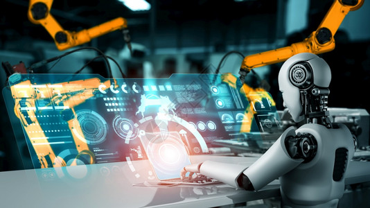 工业的全息图艾用于工厂生产装配的机械化工业器人和械臂工业革命和自动化制造过程的人工智能概念用于工厂生产装配的机械化工业器人和械臂图片