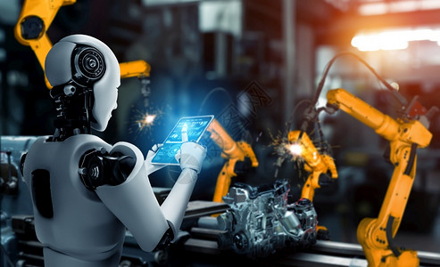 艾工程科学用于厂生产装配的机械化工业器人和械臂工业革命和自动化制造过程的人工智能概念用于工厂生产装配的机械化工业器人和械臂图片