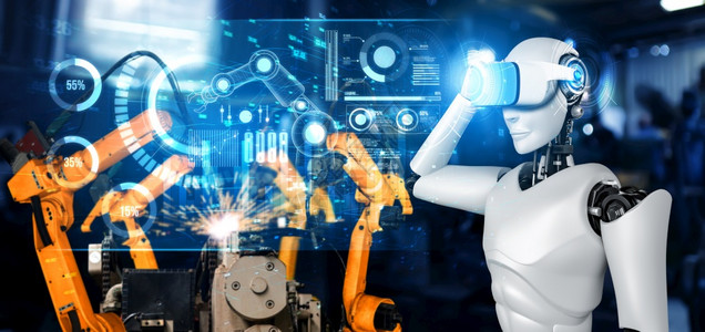行业用于工厂生产装配的机械化工业器人和械臂工业革命和自动化制造过程的人工智能概念用于工厂生产装配的机械化工业器人和械臂工程中断图片