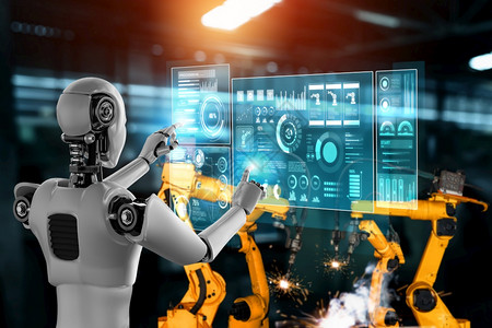 事物手臂电脑用于工厂生产装配的机械化工业器人和械臂工业革命和自动化制造过程的人工智能概念用于工厂生产装配的机械化工业器人和械臂图片
