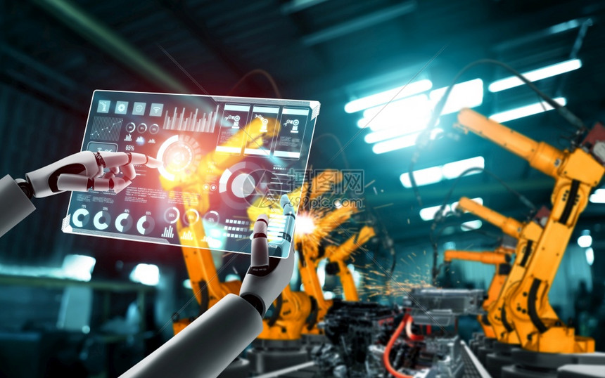 中断用于工厂生产装配的机械化工业器人和械臂工业革命和自动化制造过程的人工智能概念用于工厂生产装配的机械化工业器人和械臂电脑形图片