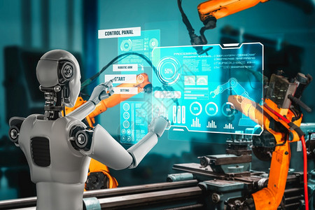 机器人技术用于工厂生产装配的机械化工业器人和械臂工业革命和自动化制造过程的人工智能概念用于工厂生产装配的机械化工业器人和械臂电脑图片