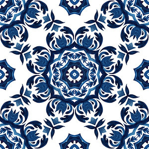 蓝手和白绘制的瓷砖无缝抽象纹理Damask装饰水彩色画型图案蓝色和白手绘制的瓷砖是全洁抽纯质湿润Mamask装饰水彩色画型花的华图片