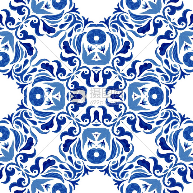 巴洛克式印度人蓝手和白抽象绘制的蓝色和白瓷砖无缝装饰海洋水彩色涂料图案Azulejotalvera瓷漆图案打印图片
