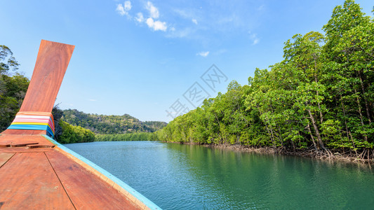 场景在夏日的天空下乘船在PhanteMelaka运河的绿色红树林美丽大自然中旅行景点马六甲图片