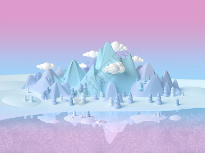 假想谷童年幻世界冬季梦幻山和冰冻的湖景观以柔软的形式和面色冬天图片