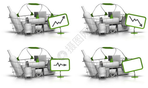 平均的稳定里面有货物的篮子带有图表的绿色标志示价格的增加减少或停滞还有一个空白面板用于自由文本白色背景平均篮子价值或大小定概念一图片