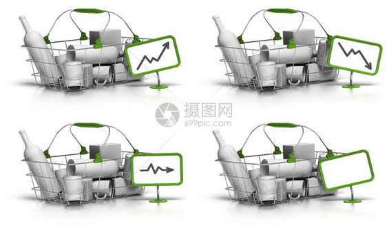 平均的稳定里面有货物的篮子带有图表的绿色标志示价格的增加减少或停滞还有一个空白面板用于自由文本白色背景平均篮子价值或大小定概念一图片