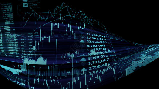 监视器显示趋势和股票市场波动的电子虚拟平台显示趋势与股票市场波动的电子虚拟平台展示股价指数在虚拟空间的3D状况全球商业图片