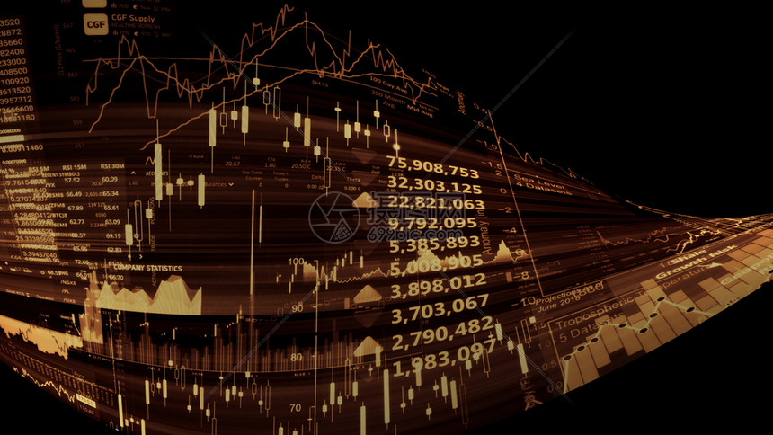 虚拟的管理监视器显示趋势和股票市场波动的电子虚拟平台显示趋势与股票市场波动的电子虚拟平台展示股价指数在虚拟空间的3D状况图片