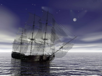 幻想使成为经典的美丽旧商船在宁静的水上漂浮与满月的亮旧商船3DRender图片