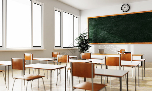 疏远空的白色教室背景绿黑纸板桌和木制地教育上的座位返回学校概念建筑内地社会偏移主题3D插图显示Namei苗圃初级图片