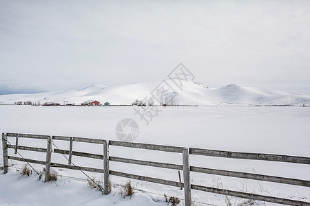 带旧灰色木林栅栏的雪覆盖场自然天气图片