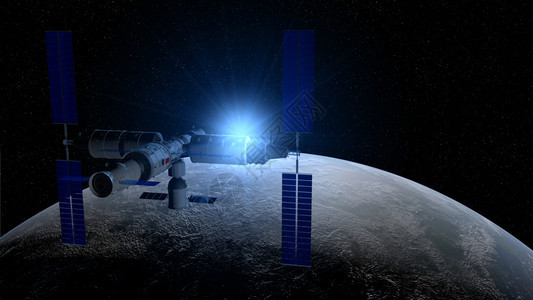 天宫3号的视图空间站在黑色上绕地球运行恒星背景和后的蓝光3D插图空间站在黑色上绕地球运行恒星背景和蓝色发光插图黑色的技术厄瓜多尔图片