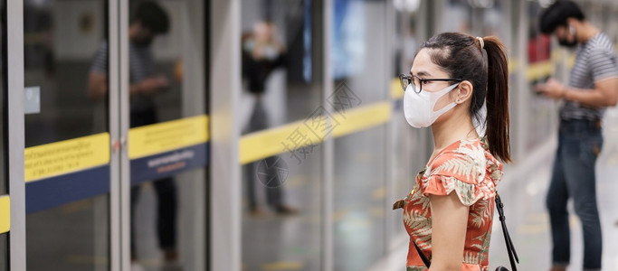 在地铁站戴口罩的女性肖像背景图片