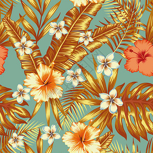 墙纸丛林古老鲜花象脊羽形和抽颜色橙黄叶图案植物背景夏季无缝带状矢量图示花园龟背竹图片