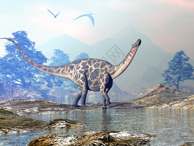 插图白垩纪树恐龙在美丽的风景中行走日落前有山和水3D使恐龙行走3D化为D图片