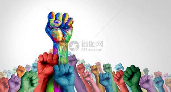 示范人们社会公正是一群抗议众愤怒团体或者结的群众为争取而斗他们握着不同民族的拳头用3D插图方式示威图片