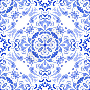 花蓝色达马斯克无缝图案印地戈复兴史提瓷砖装饰品皇家蓝色抽象纤维素背景葡萄牙陶瓷砖启发了文摘蓝色和白手绘画的瓦片无丝不动的抽象纹理图片