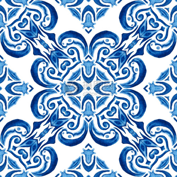 东方的粗糙为了蓝色和白手抽水摘要蓝色和白手抽水彩色瓷砖无缝装饰风格织物和壁纸的优美奢侈品质素材织物无缝装饰水图片