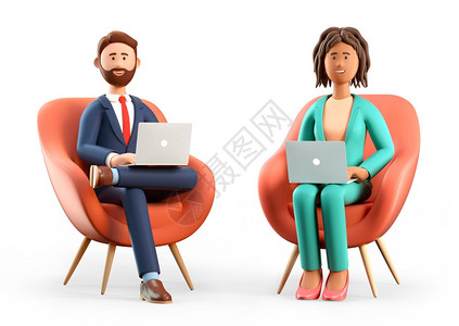 快乐的微笑会议使用笔记本电脑坐在CuteCarte卡通商人和在办公室工作的女商人椅子上笑着胡须男人和非洲女3D插图他们以白种背景图片