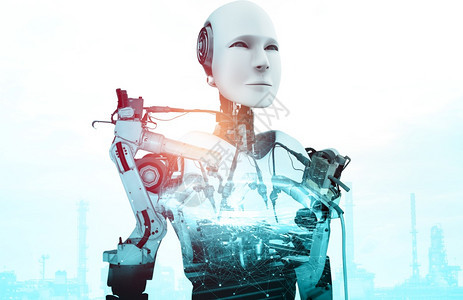 全息图手臂人造的机械化工业器人和械臂双曝光图像工业革命和未来厂自动化制造过程的人工智能概念机械化工业器人和械臂双曝光图像图片