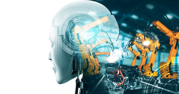 手人形机械化工业器人和械臂双曝光图像工业革命和未来厂自动化制造过程的人工智能概念机械化工业器人和械臂双曝光图像控制论的图片