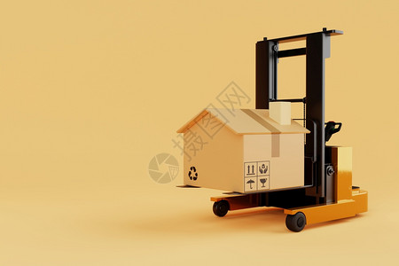 服务叉车举起和移动纸板箱看上去像家或房屋在黄色背景上的家庭或房屋工业和家庭抵押贷款概念工业和家庭抵押贷款概念交付和运输3D插图工图片