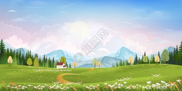 矢量草谷风景优美收成春季Panorama农村自然春以绿草为地在春季和夏横幅上用卡通矢量插图示画有山平粉蓝天空和云底背景的春青绿地观天帕背景