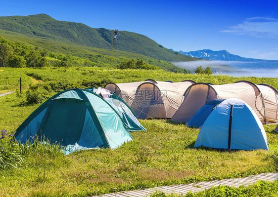 旅游者在山坡边湖岸的树林中扎营图片