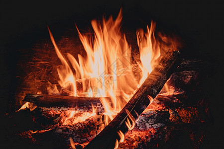 温暖的发光火烧木柴野林用火燃烧夜间旅游取暖和照亮烧烤图片