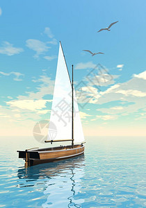 一艘帆船漂浮在海鸥旁边的水域上乘满云的一天航行漂浮冷静丰富多彩图片