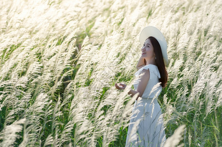 自由梦幻般的白色草地上花她裙子和白帽站在色草原上的地PrachuapKhiriKhan泰国美丽的天然白草地花头发图片