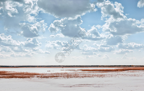 行业水平的夏季风景位于石英砂坑中长有遥远地平和美丽的云天空奎尔茨沙丘中湖泊在美丽云层之下保护图片
