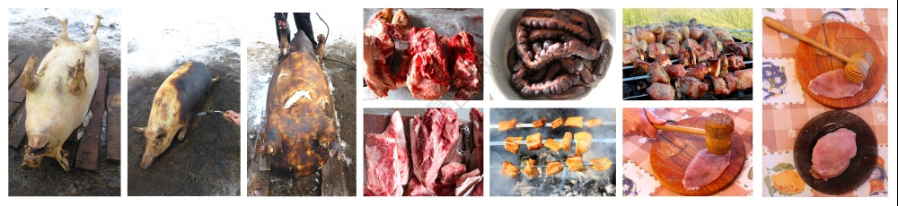 从屠宰到美味的新鲜菜盘肉从屠宰传到鲜菜猪牺牲牛肉图片