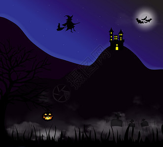 万圣节夜幕背景黑暗树南瓜杰克恐怖雾山丘上的怪鬼城堡和巫婆的休眠带在满月的矢量插图中以扫帚形状飞来震吓和山上万圣月光下的城堡黑图片
