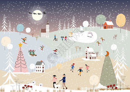景观雪夜间冬季风景与人们在公园玩乐Vestictor插图圣诞节日城市风景与人们庆祝小孩玩滑冰妇女到城里购物等庆祝活动年轻的图片