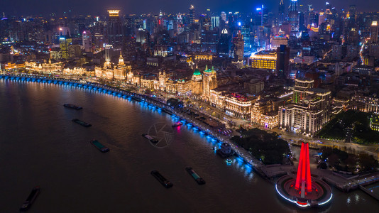 历史亚洲上海的空中观景在国上海部的一个有名滨水区在海的夜间在上吸引力图片