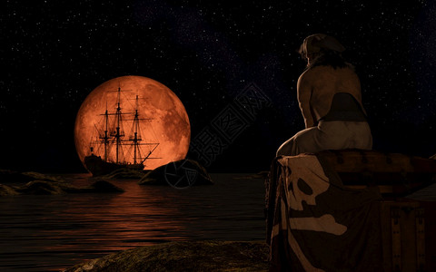 在满红月的海盗帆船坐在宝箱上的海盗人3d渲染在满红月的海盗帆船坐在宝箱上的海盗人浪漫冒险木制的图片
