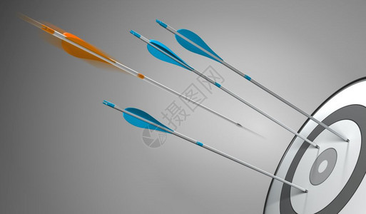 概念的三支蓝箭击中一个目标加上只橙箭击中心三维概念展示竞争优异或战略业务的3DD说明具有竞争力的卓越或战略业务辅导商图片